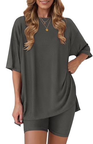 Women's 2 Piece Lounge Sets 2026 Casual Summer Airport Travel Outfits Oversized Shirts Biker Shorts Matching Clothing