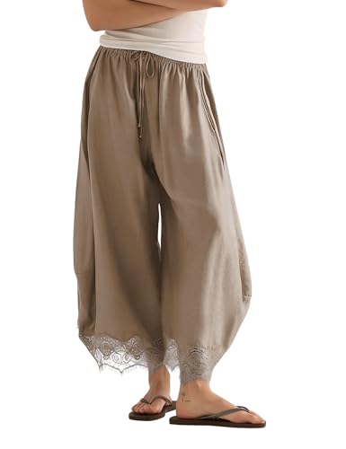 Women's Cropped Lace-Hem Pants High Waisted Drawstring Wide Leg Pants Casual Lightweight Trousers with Pockets