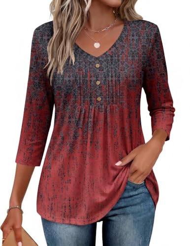 3/4 Length Sleeve Womens Tops V Neck Blouses Casual Pleated Shirts