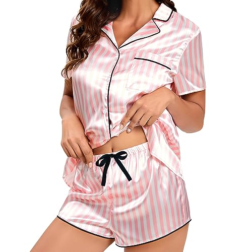 Silk Pajamas for Women Satin Womens PJ Set 2 Piece Short Lounge Set Summer Sleepwear Notch Collar Button-Down Pjs
