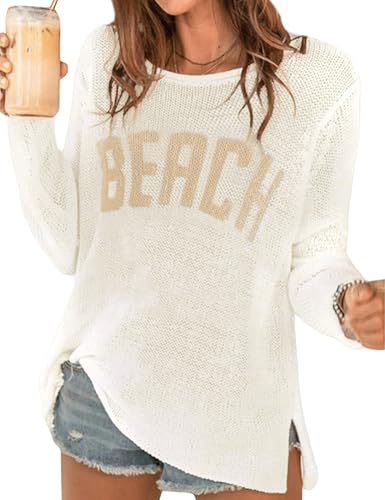Beach Cover Up for Women Letter Print Long Sleeve Sweater Crochet Tops Shirts Casual Crewneck Split Hem Pullover