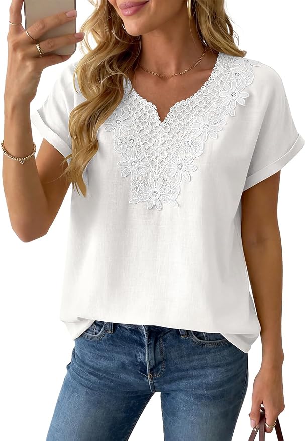 Womens Short Sleeve Tops Cotton Linen Shirts Loose Casual V Neck Lace Blouses Summer Vacation Clothes