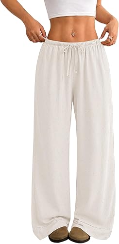 Women's Linen Pants Boho Wide Leg Summer Flowy Elastic Pants Lightweight Beach Vacation Outfits Pants with Pockets