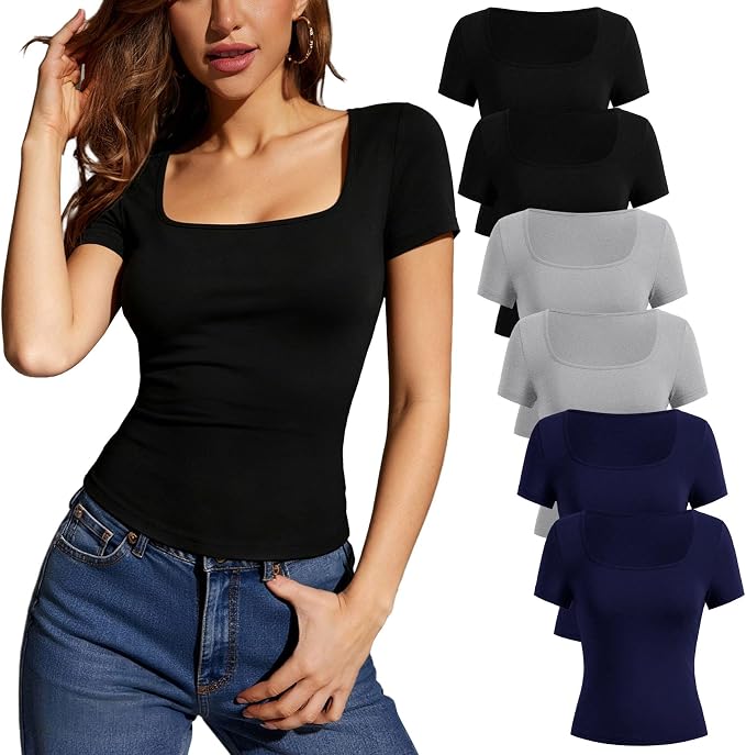 Women's 6 Pack Short Sleeve T Shirt, Basic Slim Solid Knit Tops