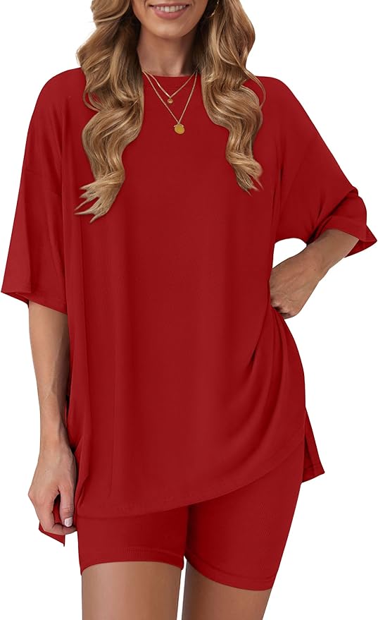 Women's 2 Piece Lounge Sets 2026 Casual Summer Airport Travel Outfits Oversized Shirts Biker Shorts Matching Clothing