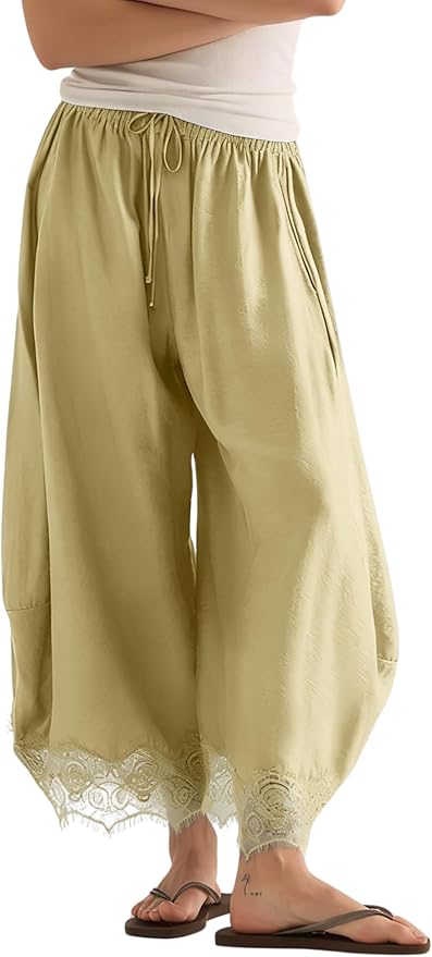 Women's Cropped Lace-Hem Pants High Waisted Drawstring Wide Leg Pants Casual Lightweight Trousers with Pockets