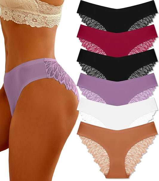 FINETOO 6 Pack Sexy Underwear for Women Silky Seamless No Show Panties Ladies Lace Bikini Lightweight Cheeky Hipster