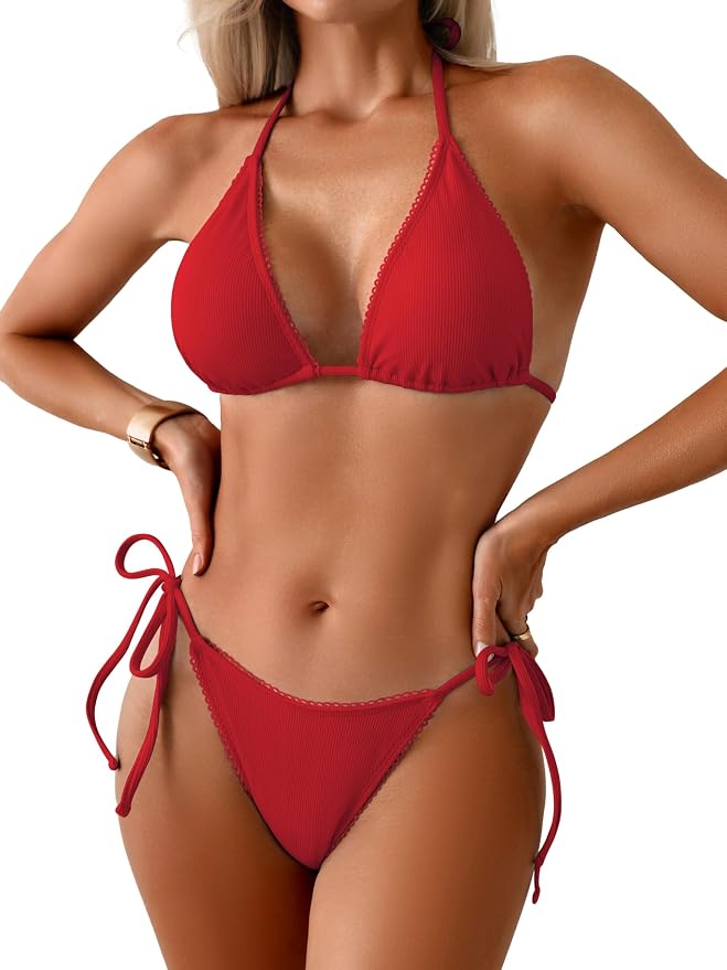 Women's Triangle Bikini Set Sexy String Halter Swimsuit Cute Ruffle Trim Two Piece Bathing Suit