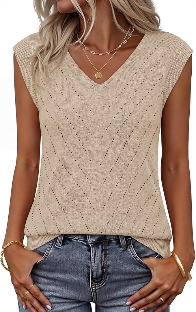 Womens Summer Sleeveless Knit Tank Top 2026 V Neck Sweater Vest Casual Eyelet Blouse Shirts Outfits Fashion Clothes