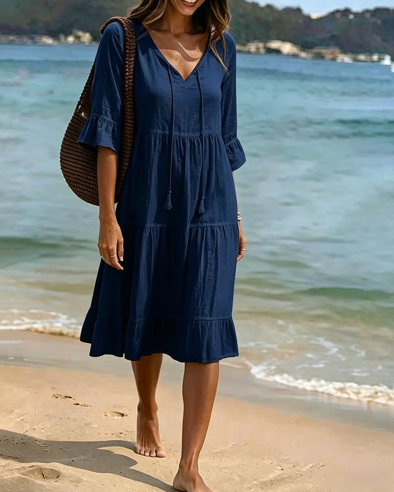 Flared Half Sleeve Tie Waist Dress