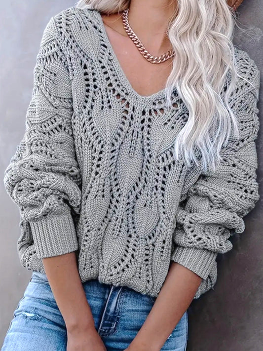 Women's Sweaters V Neck Crochet Hollow Out Winter Pullover Sweaters
