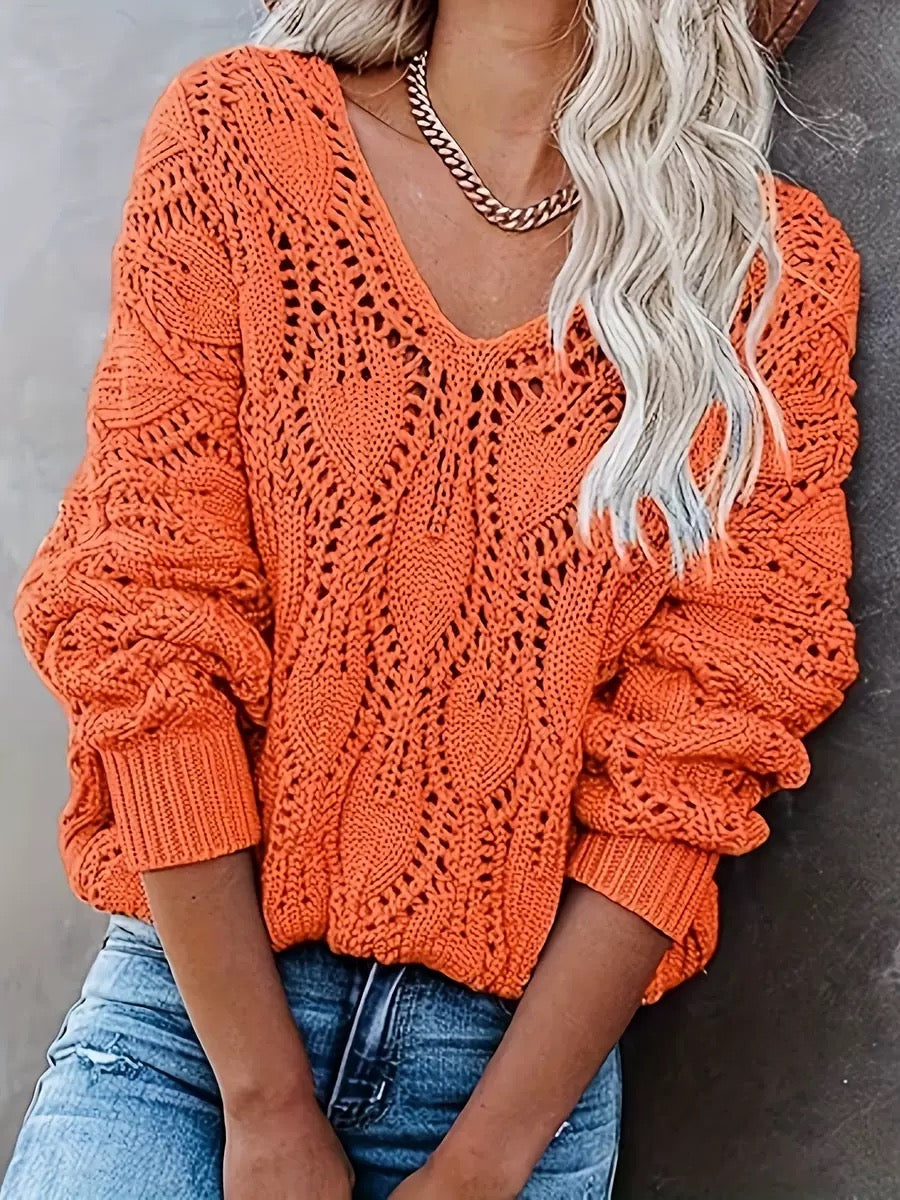 Women's Sweaters V Neck Crochet Hollow Out Winter Pullover Sweaters