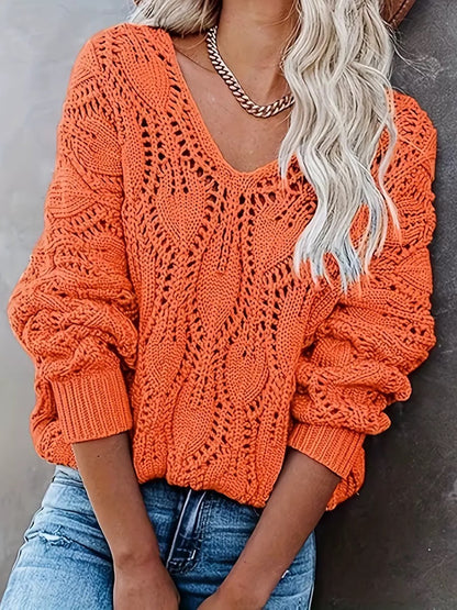 Women's Sweaters V Neck Crochet Hollow Out Winter Pullover Sweaters