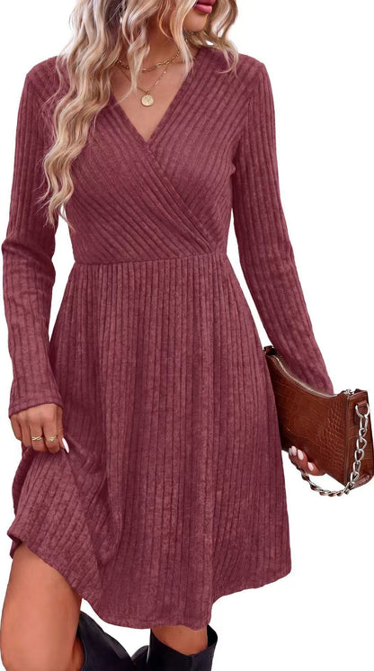 Women's Fall Dresses 2026 Long Sleeve Wrap Sweater Dress with Pockets