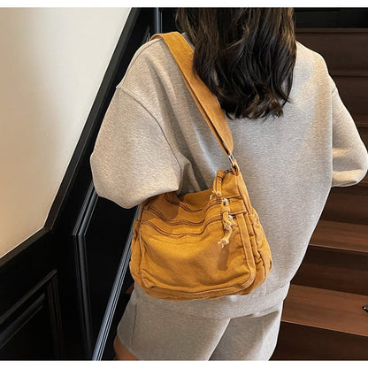Distressed Canvas Messenger Bag - Multi-Zipper Layered Design