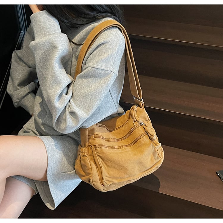 Distressed Canvas Messenger Bag - Multi-Zipper Layered Design