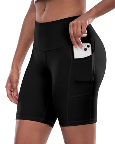 Womens Biker Yoga Shorts with Pocket, High Waisted Tummy Control 5 Inch Workout Spandex Athletic Gym Shorts