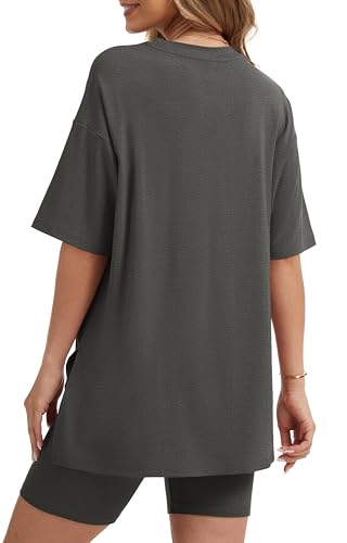 Women's 2 Piece Lounge Sets 2026 Casual Summer Airport Travel Outfits Oversized Shirts Biker Shorts Matching Clothing