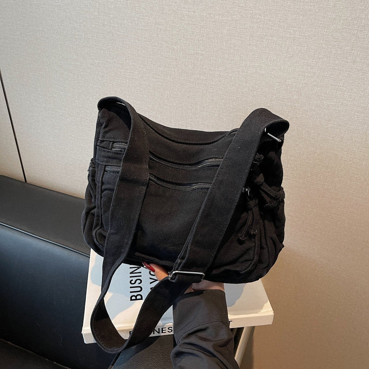 Distressed Canvas Messenger Bag - Multi-Zipper Layered Design