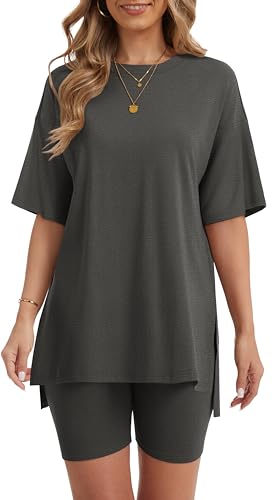 Women's 2 Piece Lounge Sets 2026 Casual Summer Airport Travel Outfits Oversized Shirts Biker Shorts Matching Clothing
