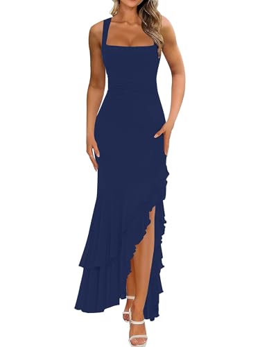 Women's Elegant Bodycon Ruched Maxi Cocktail Dress Mesh Sleeveless Mermaid Ruffle Beach Wedding Guest Long Dresses