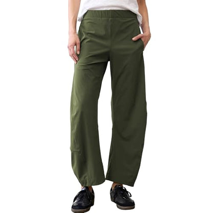 Women Barrel Travel Pants Elastic Waistband Tapered Leg Baggy Mid Rise Work Trousers Lounge Pant with Pockets