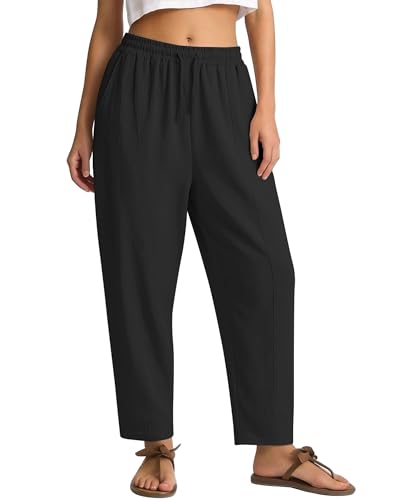Women's Casual Cropped Pants Loose Casual Palazzo Trousers Drawstring Wide Leg Lounge Pants with Pockets
