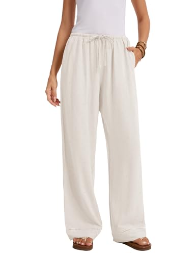 Women's Linen Pants Boho Wide Leg Summer Flowy Elastic Pants Lightweight Beach Vacation Outfits Pants with Pockets