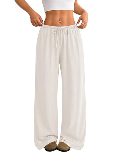 Women's Linen Pants Boho Wide Leg Summer Flowy Elastic Pants Lightweight Beach Vacation Outfits Pants with Pockets