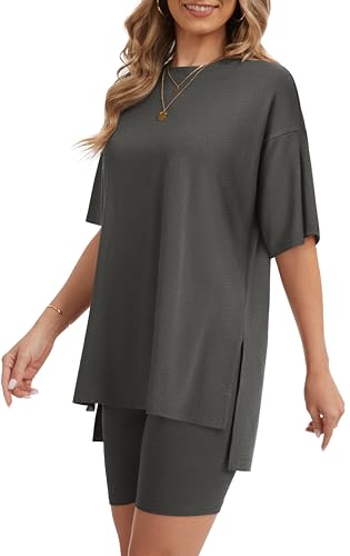 Women's 2 Piece Lounge Sets 2026 Casual Summer Airport Travel Outfits Oversized Shirts Biker Shorts Matching Clothing