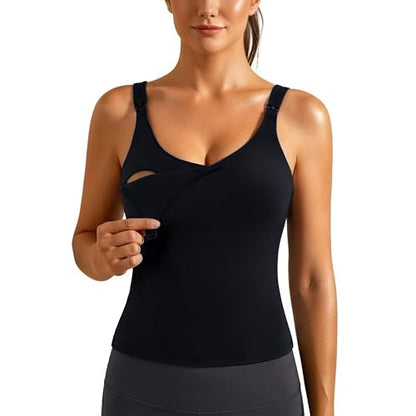 Nursing Tank Tops with Built in Bra, Nursing Sport Bra | Longline Buttery Soft fabric，One-hand nursing clips，Crop tank fit，Care label guidance，Breastfeeding Crop Shirt