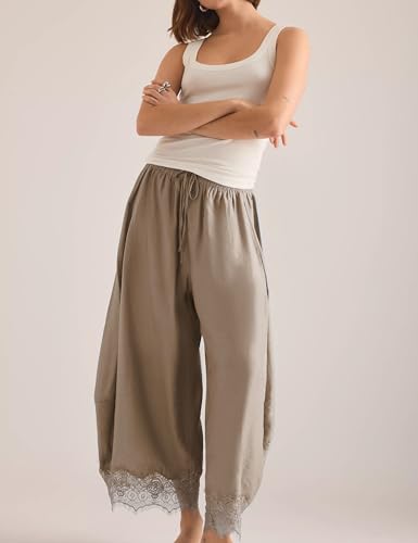 Women's Cropped Lace-Hem Pants High Waisted Drawstring Wide Leg Pants Casual Lightweight Trousers with Pockets
