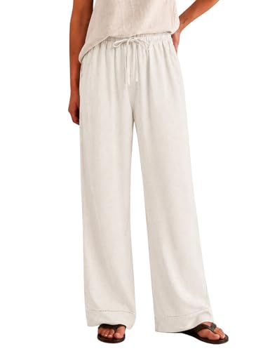 Women's Linen Pants Boho Wide Leg Summer Flowy Elastic Pants Lightweight Beach Vacation Outfits Pants with Pockets