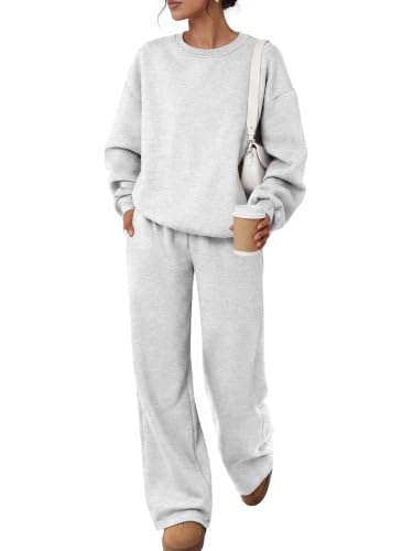 Trendy Queen Womens 2 Piece Sweatsuit Fall Sweat Outfits Lounge Sets 2026 | Soft Fleece Interior, Chic Drop Shoulder, Travel Fashion Matching, Wide Leg Draping, Elastic Waistband, Deep Side Pockets