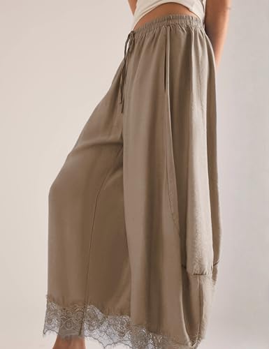 Women's Cropped Lace-Hem Pants High Waisted Drawstring Wide Leg Pants Casual Lightweight Trousers with Pockets
