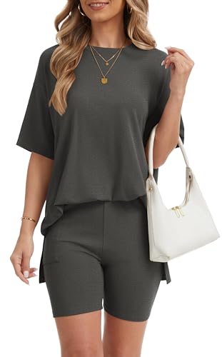 Women's 2 Piece Lounge Sets 2026 Casual Summer Airport Travel Outfits Oversized Shirts Biker Shorts Matching Clothing