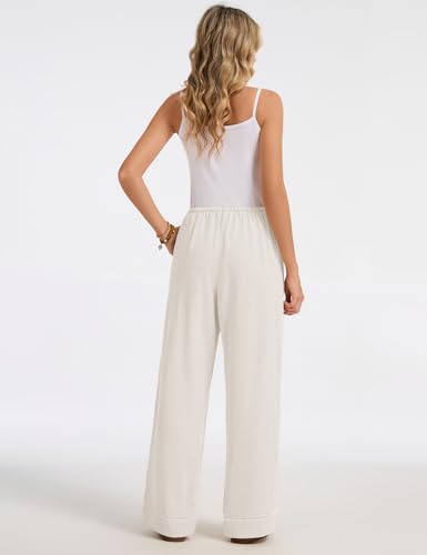 Women's Linen Pants Boho Wide Leg Summer Flowy Elastic Pants Lightweight Beach Vacation Outfits Pants with Pockets