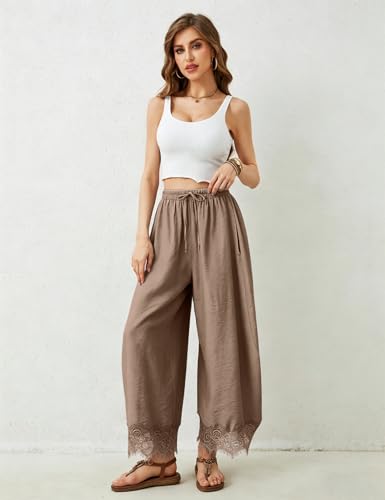 Women's Cropped Lace-Hem Pants High Waisted Drawstring Wide Leg Pants Casual Lightweight Trousers with Pockets