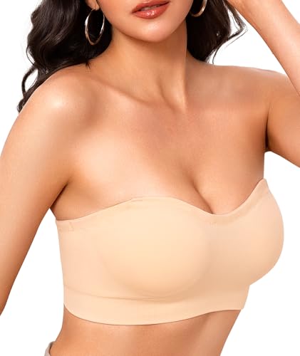 Strapless Bras for Women Non-Slip Wireless Bandeau Bra Seamless Padded Tube Top Bra Including Fabric & Clear Straps