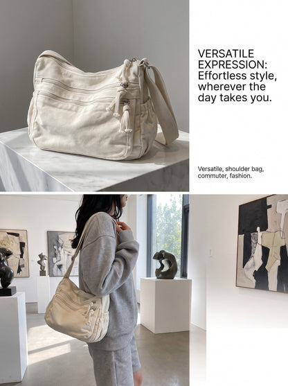 Distressed Canvas Messenger Bag - Multi-Zipper Layered Design