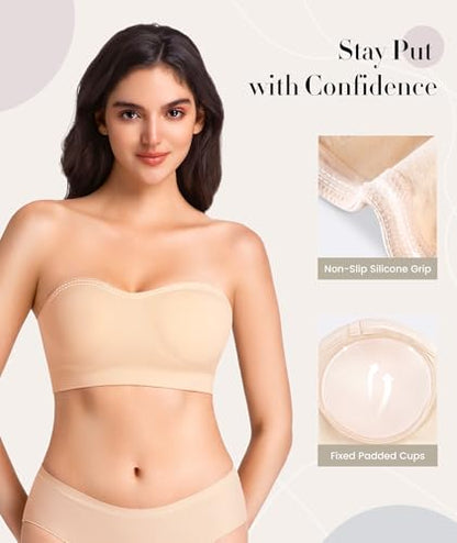 Strapless Bras for Women Non-Slip Wireless Bandeau Bra Seamless Padded Tube Top Bra Including Fabric & Clear Straps