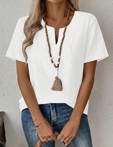 Womens Short Sleeve Tops Cotton Linen Shirts Loose Casual V Neck Lace Blouses Summer Vacation Clothes