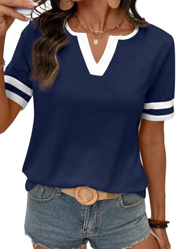 Women's Summer Tops Cotton V Neck Short Sleeve T-Shirts Colorblock Casual Tees 2026 Clothes