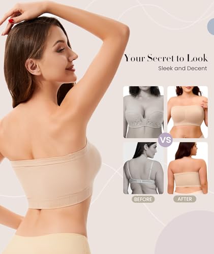 Strapless Bra for Women No Slip Silicone Grip Bandeau Bra with Fixed Pads Convertible Tube Top Bra with Fabric & Clear Straps