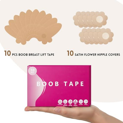 10 Pcs Boob Tape for Breast Lift - BoobTape with 10 Pcs Pastie,Body Tape for Women Invisible Breast Bra