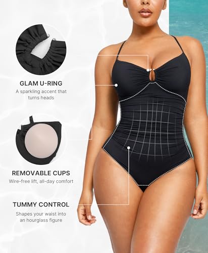 Womens Swimsuits Tummy Control Bathing Suit Slimming One Piece U-Ring Shapewear Swimwear with Ruched Waist