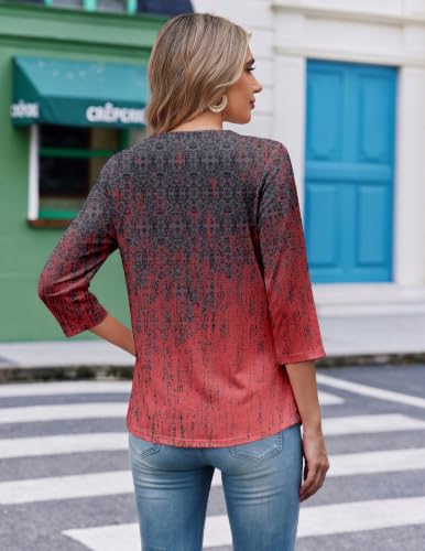 3/4 Length Sleeve Womens Tops V Neck Blouses Casual Pleated Shirts