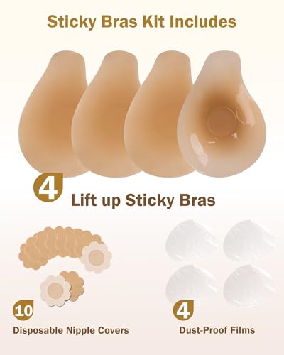 Push Up Sticky Bra, Invisible Adhesive Nipple Covers with Lift Tape (2 Pairs)