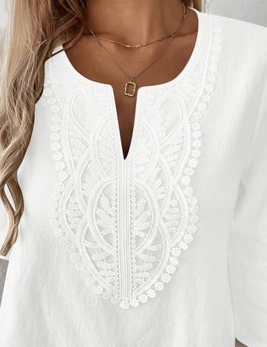 Womens Short Sleeve Tops Cotton Linen Shirts Loose Casual V Neck Lace Blouses Summer Vacation Clothes