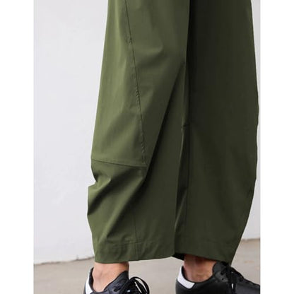 Women Barrel Travel Pants Elastic Waistband Tapered Leg Baggy Mid Rise Work Trousers Lounge Pant with Pockets